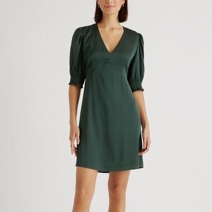 Quince Forest Green Washed Silk V-Neck Puff Sleeve Mini Dress Size L